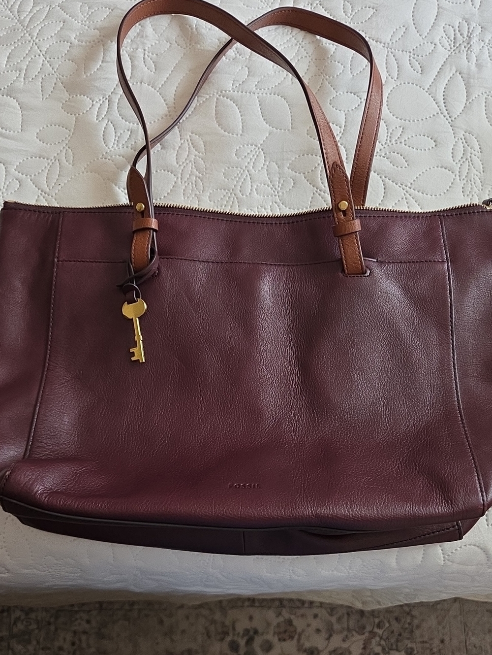 Fossil Burgundy Leather Tote with Brown Straps
